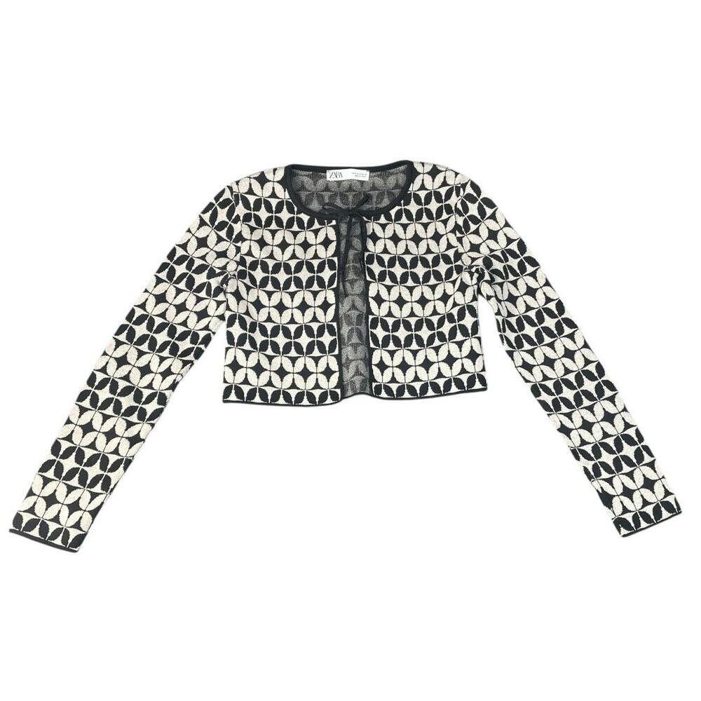 Zara Women’s Small Cropped Geometric Pattern Black/White Knit Bolero Jacket